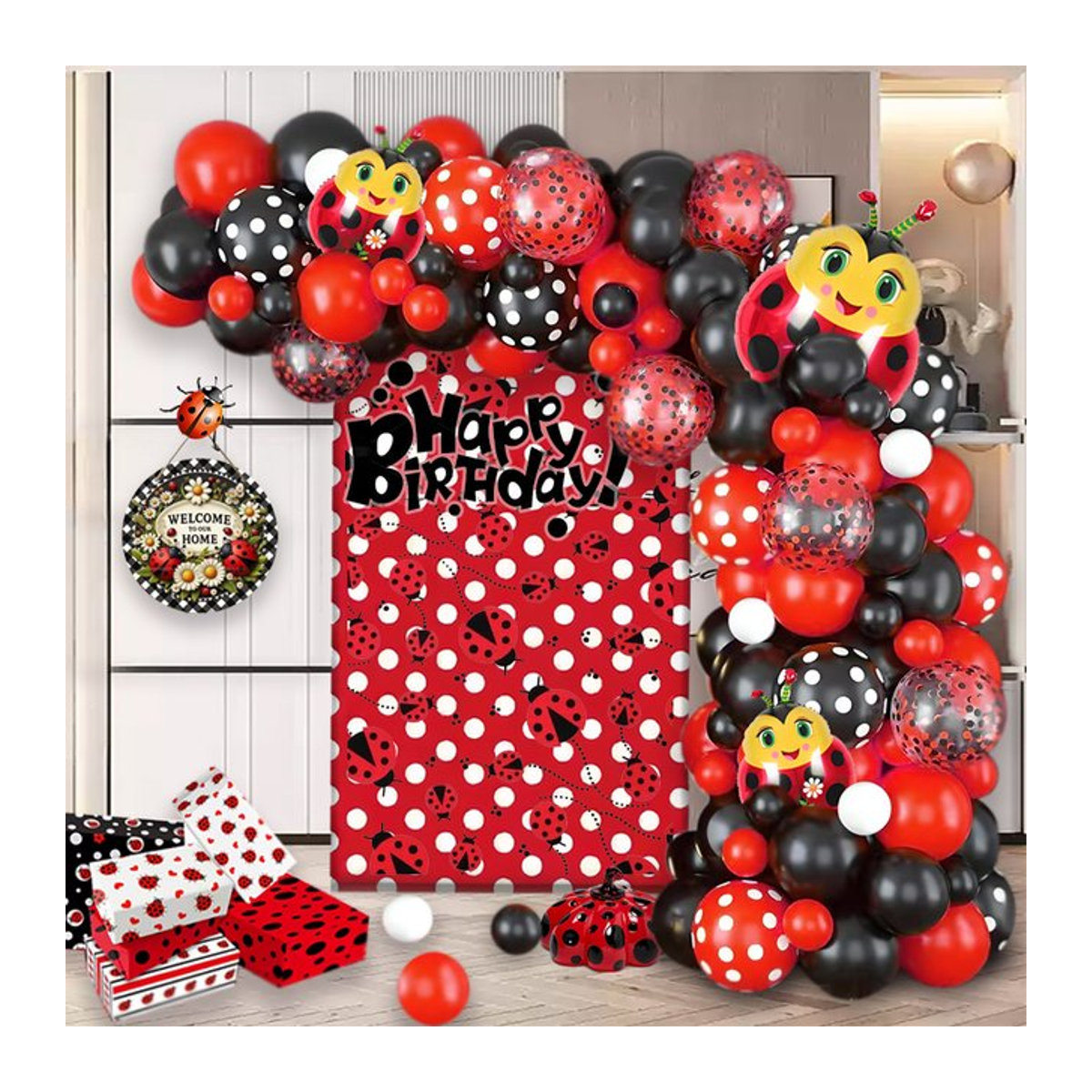 Suita 105-teiliges Ballon-Set mit Marienkäfer-Motiv in Rot und Schwarz für Kindergeburtstage - Bild 1