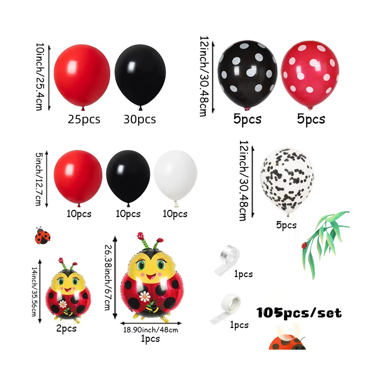 Suita 105-teiliges Ballon-Set mit Marienkäfer-Motiv in Rot und Schwarz für Kindergeburtstage - Bild 2