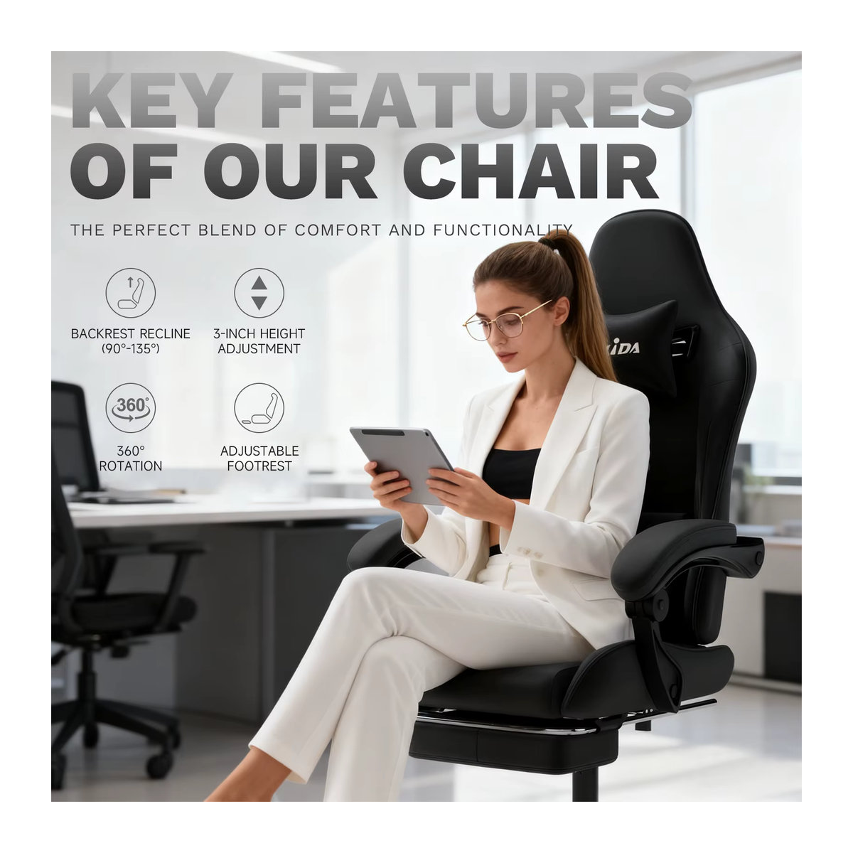 SUKIDA Ergonomischer Gaming-Stuhl als Computerstuhl und Bürostuhl mit Kissen und Fußpedal, verstellbare Rückenlehne, Schwarz/Grau - Bild 2