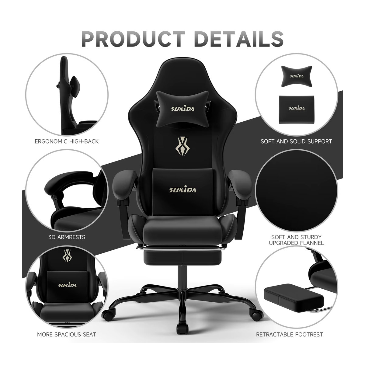 SUKIDA Ergonomischer Gaming-Stuhl als Computerstuhl und Bürostuhl mit Kissen und Fußpedal, verstellbare Rückenlehne, Schwarz/Grau - Bild 3