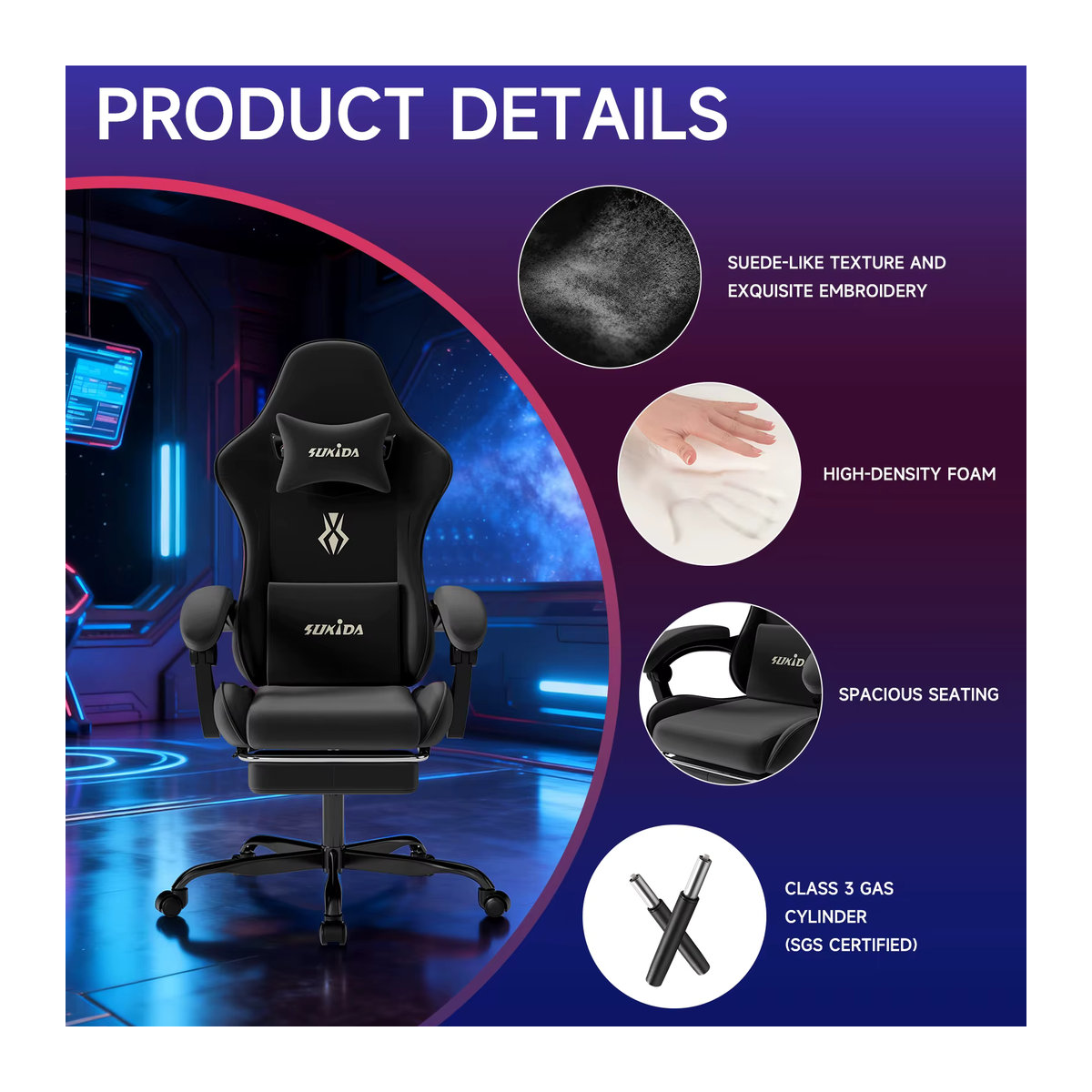 SUKIDA Ergonomischer Gaming-Stuhl als Computerstuhl und Bürostuhl mit Kissen und Fußpedal, verstellbare Rückenlehne, Schwarz/Grau - Bild 5