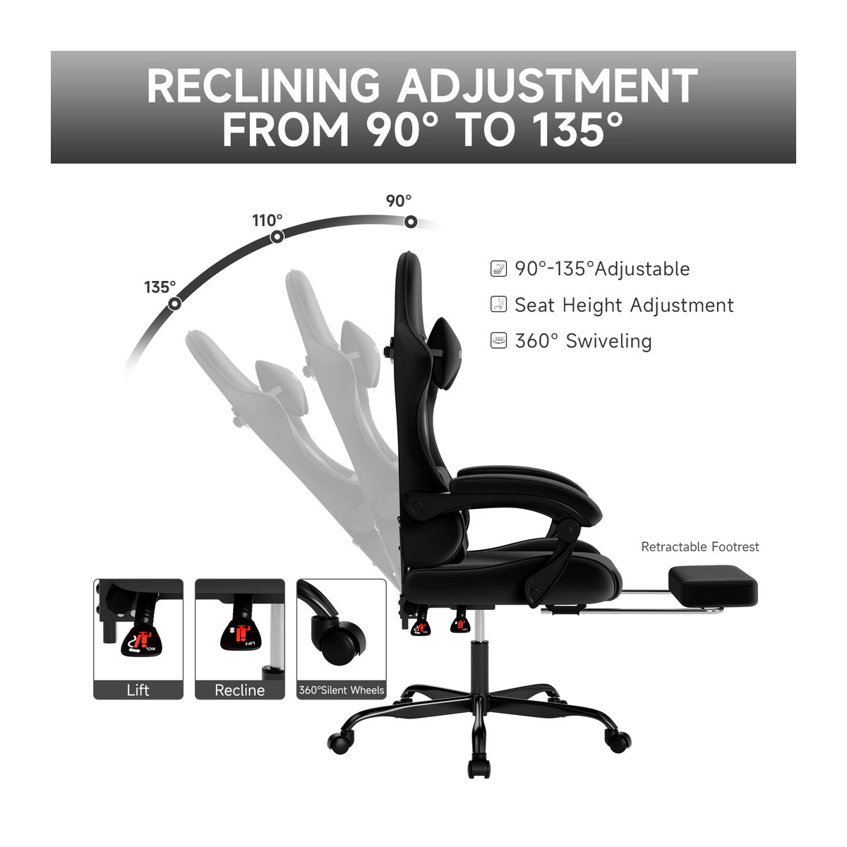 SUKIDA Ergonomischer Gaming-Stuhl als Computerstuhl und Bürostuhl mit Kissen und Fußpedal, verstellbare Rückenlehne, Schwarz/Grau - Bild 6