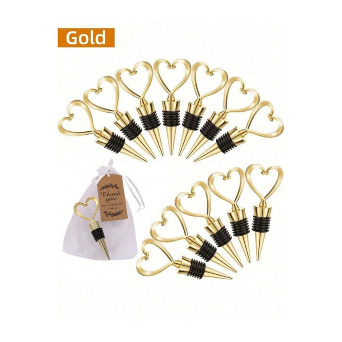 SUNFILI 12er Set Herz-Weinflaschenverschlüsse aus Kunststoff mit Organzabeuteln und Kraftpapier-Anhänger in Weiß, Braun und Gold für Hochzeiten - Bild 1