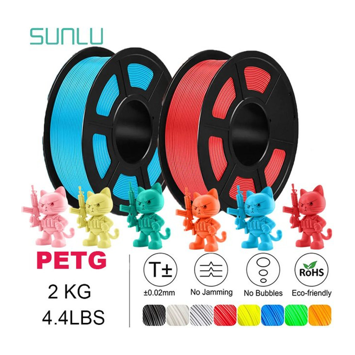 SUNLU PETG Filament Set in Klar, Weiß und Blau, 1,75 mm Durchmesser, 2 Rollen à 1 kg, hochzähig für FDM-Drucker - Bild 1
