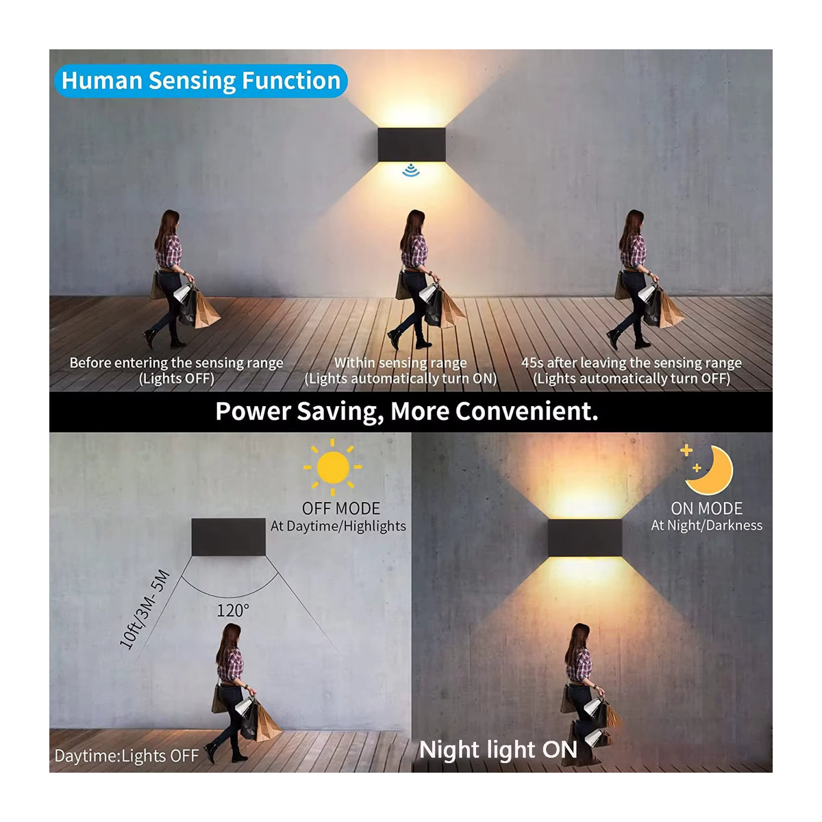 SUNMEIYI LED-Außenwandleuchte mit Bewegungsmelder, 24 W, IP65 wasserdicht, Schwarz/Weiß, Warmweiß - Bild 3