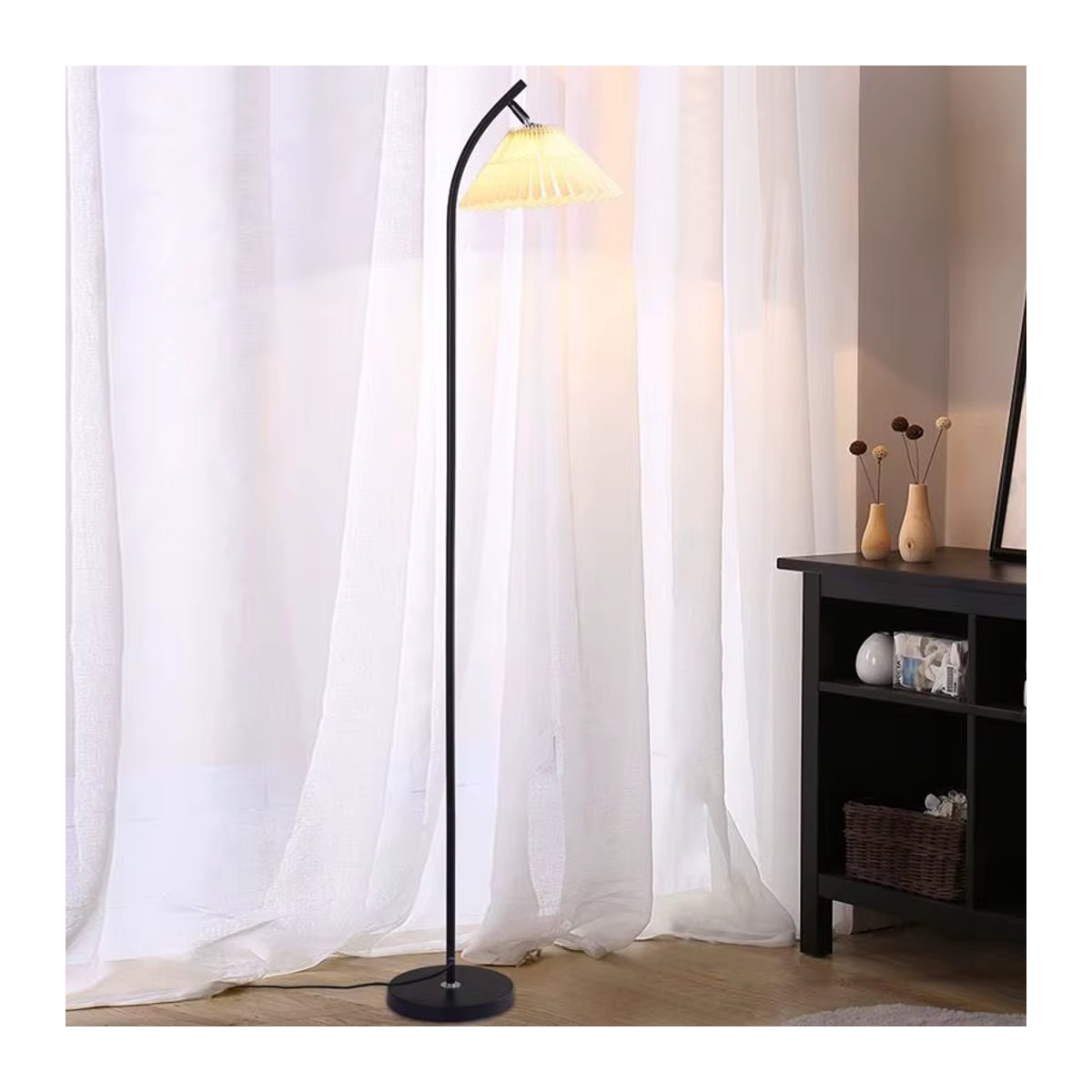 SUNMEIYI Nordic Plissee Stehlampe aus Stoff in Schwarz mit LED für Wohnzimmer und Schlafzimmer - Bild 2