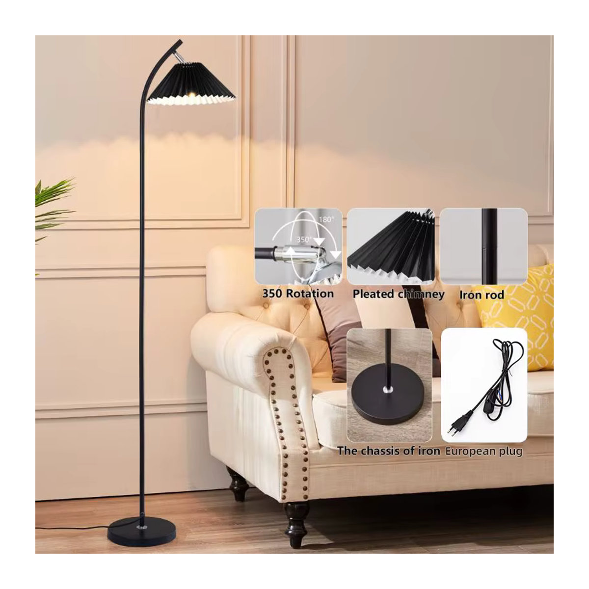 SUNMEIYI Nordic Plissee Stehlampe aus Stoff in Schwarz mit LED für Wohnzimmer und Schlafzimmer - Bild 4
