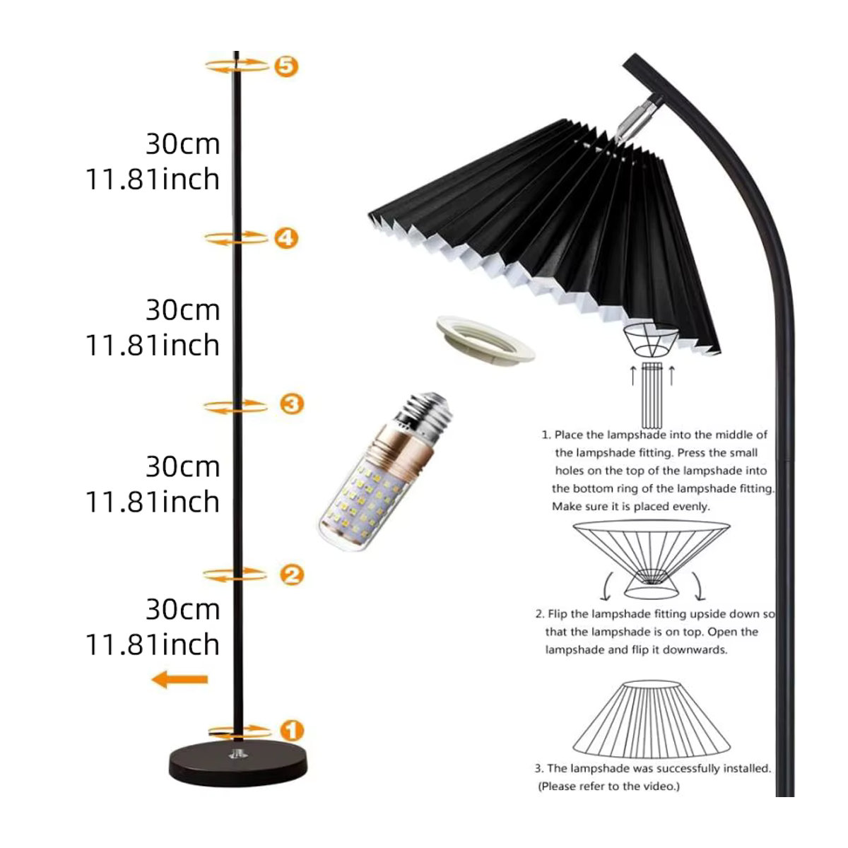 SUNMEIYI Nordic Plissee Stehlampe aus Stoff in Schwarz mit LED für Wohnzimmer und Schlafzimmer - Bild 6