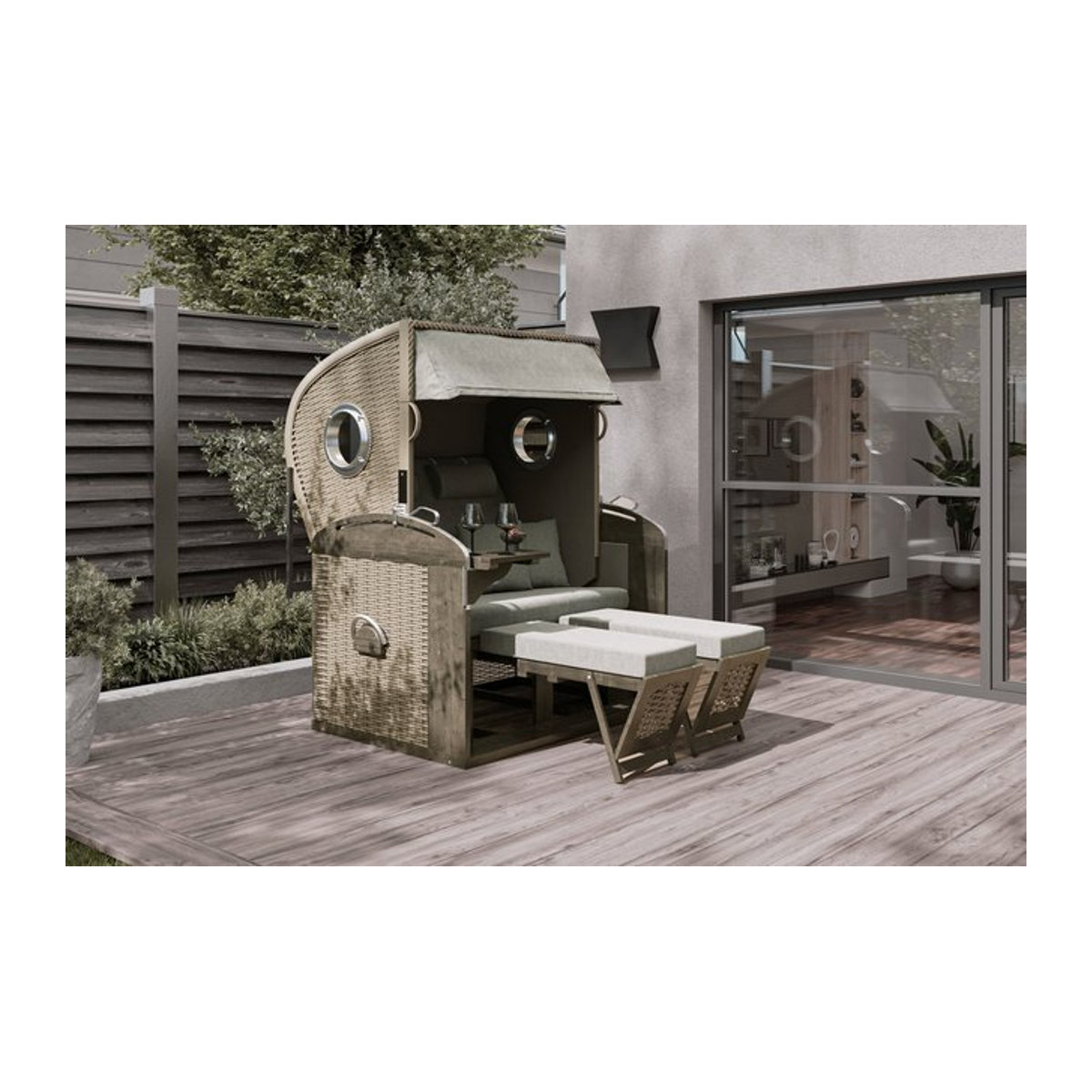 Sunny Smart Rustikal 305 Z Comfort XL Strandkorb in Grau aus Pinienholz und Polyrattan mit Rückholfedern - Bild 1