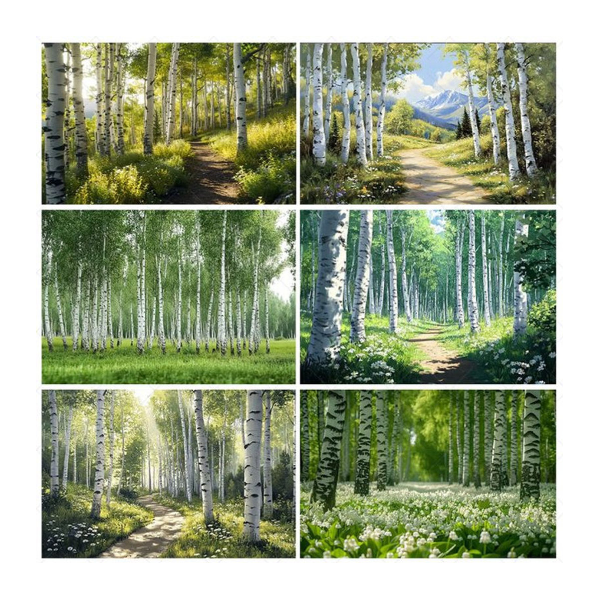 Sunny Trail Fotohintergrund Birke Wald Naturlandschaft in Grün, Rechteckig, Querformat - Bild 1