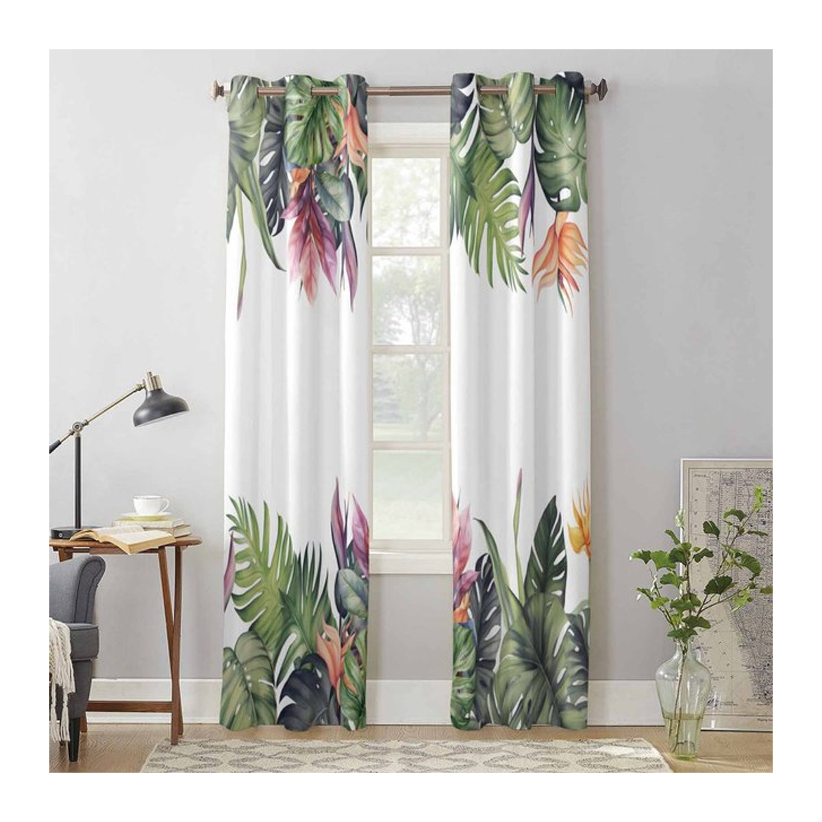 Super Six Fenster Vorhang mit Sommer Tropischer Regenwald Monstera Motiv in Weiß, B: 135 cm, H: 60 cm - Bild 1