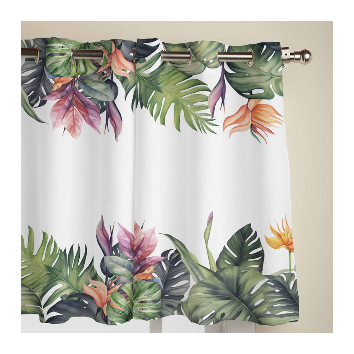 Super Six Fenster Vorhang mit Sommer Tropischer Regenwald Monstera Motiv in Weiß, B: 135 cm, H: 60 cm - Bild 2