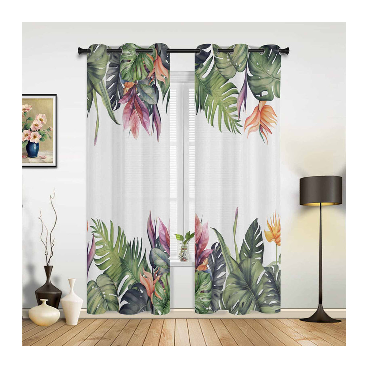 Super Six Fenster Vorhang mit Sommer Tropischer Regenwald Monstera Motiv in Weiß, B: 135 cm, H: 60 cm - Bild 3