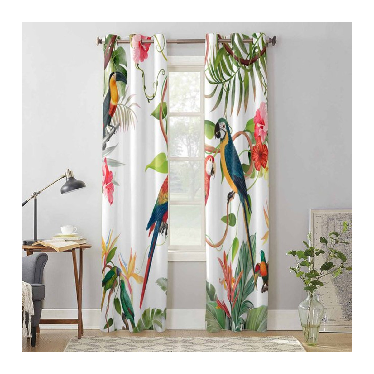 Super Six Fenstervorhang mit tropischem Blätter- und Papageien-Blumenmuster, semi-transparent, Farbe: Weiß, B: 135 cm, H: 60 cm - Bild 1