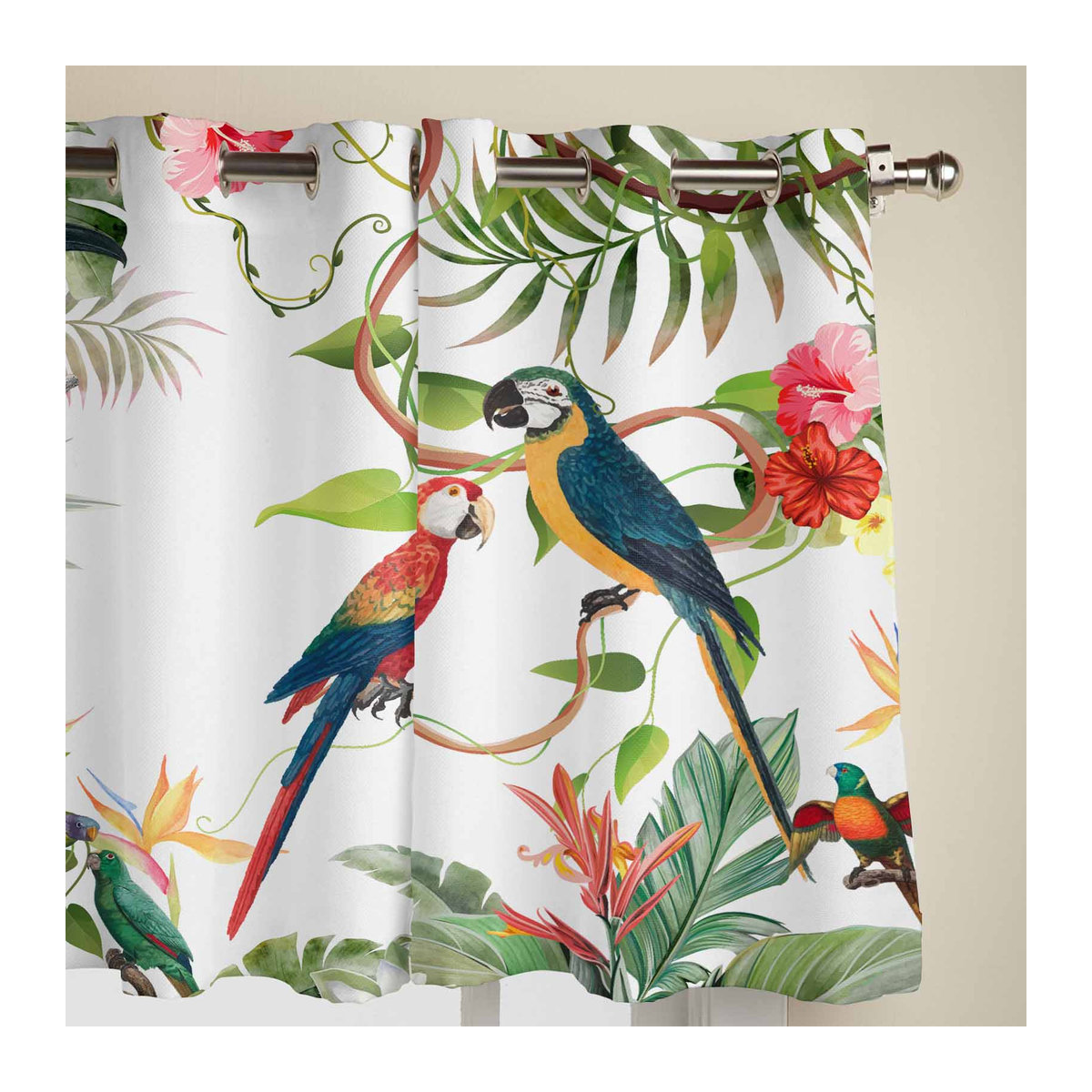 Super Six Fenstervorhang mit tropischem Blätter- und Papageien-Blumenmuster, semi-transparent, Farbe: Weiß, B: 135 cm, H: 60 cm - Bild 2