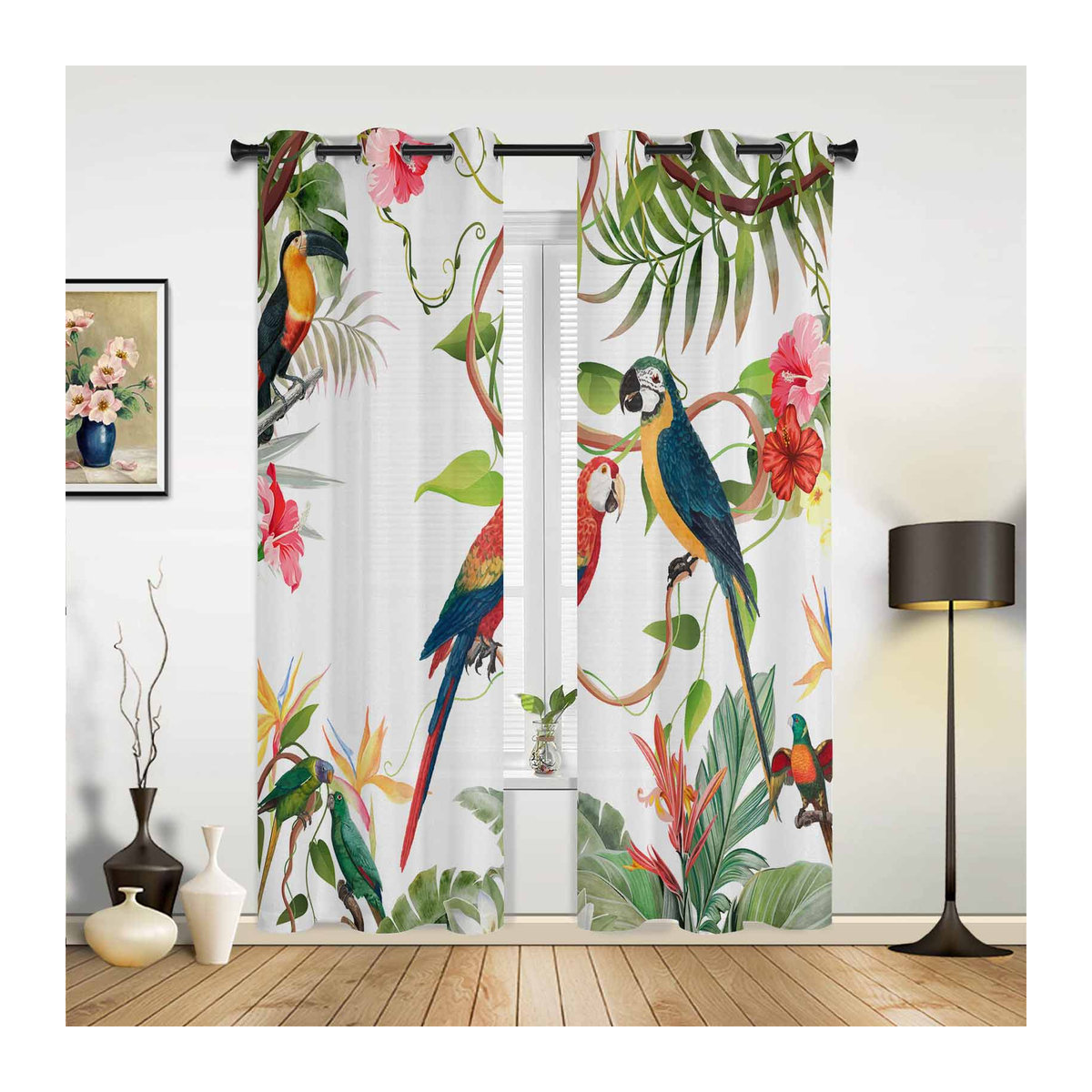 Super Six Fenstervorhang mit tropischem Blätter- und Papageien-Blumenmuster, semi-transparent, Farbe: Weiß, B: 135 cm, H: 60 cm - Bild 3