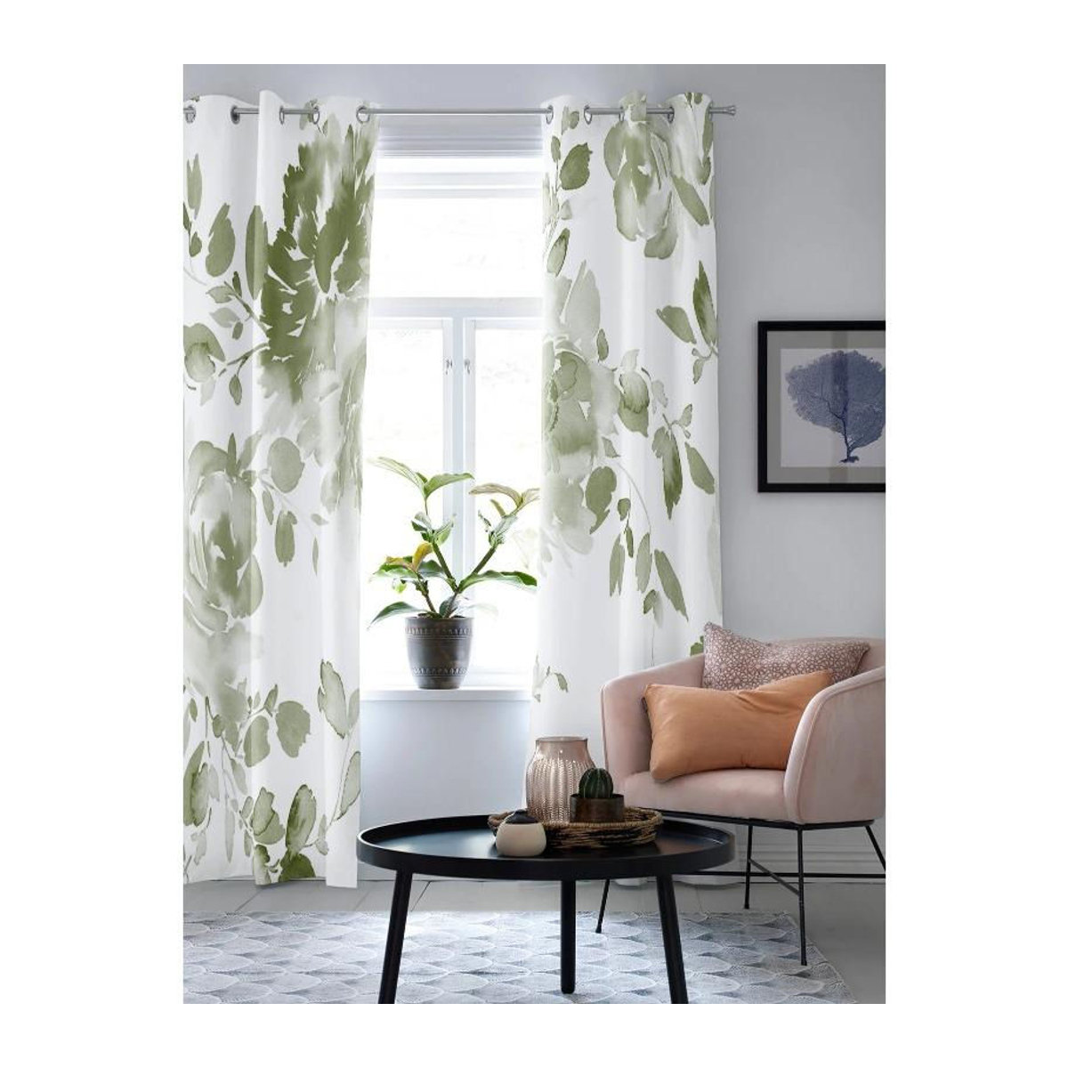 Super Six Fenstervorhänge mit Aquarellblumen in Salbeigrün und Weiß, semi-transparent, B: 135 cm, H: 160 cm, 2er-Set - Bild 3