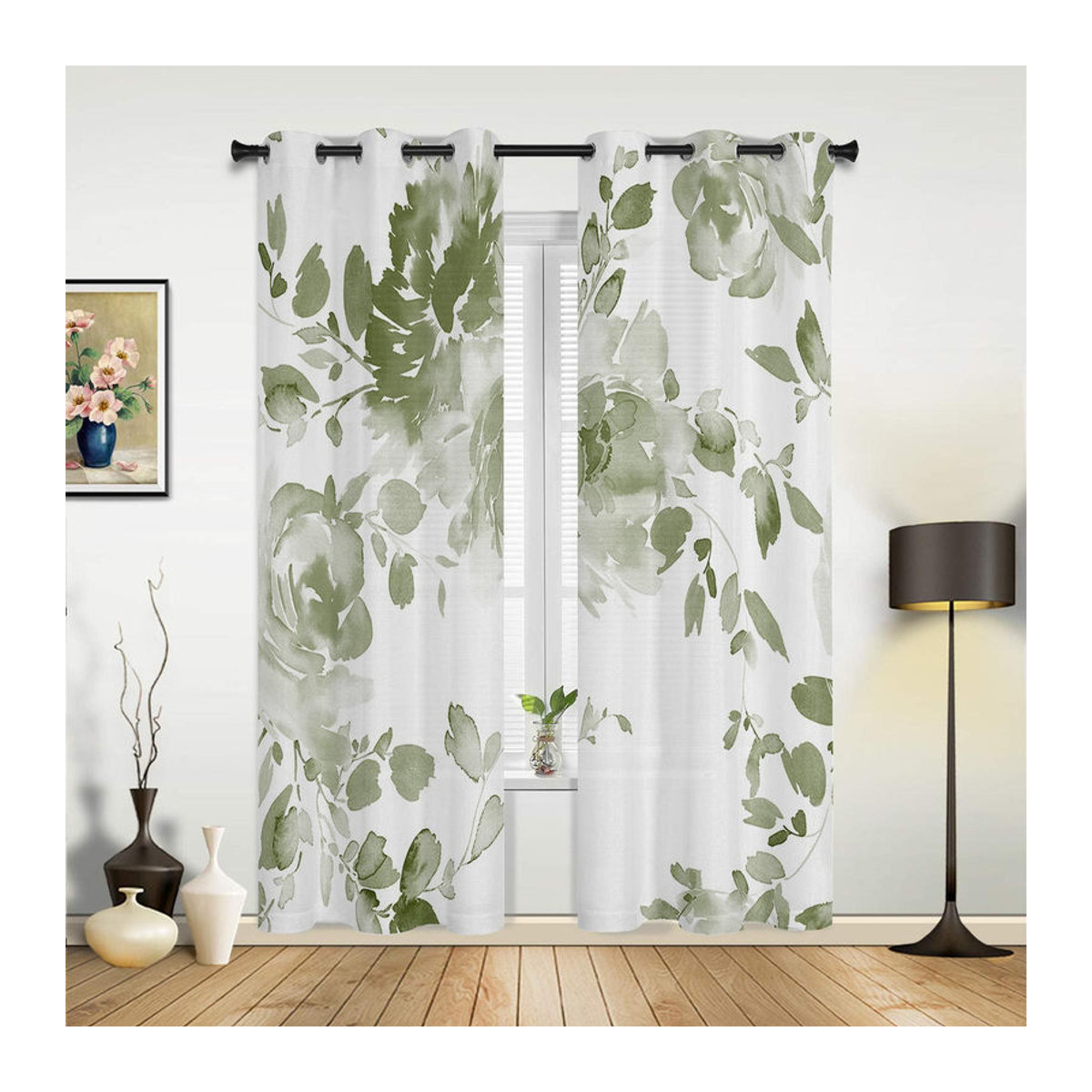 Super Six Fenstervorhänge mit Aquarellblumen in Salbeigrün und Weiß, semi-transparent, B: 135 cm, H: 160 cm, 2er-Set - Bild 4