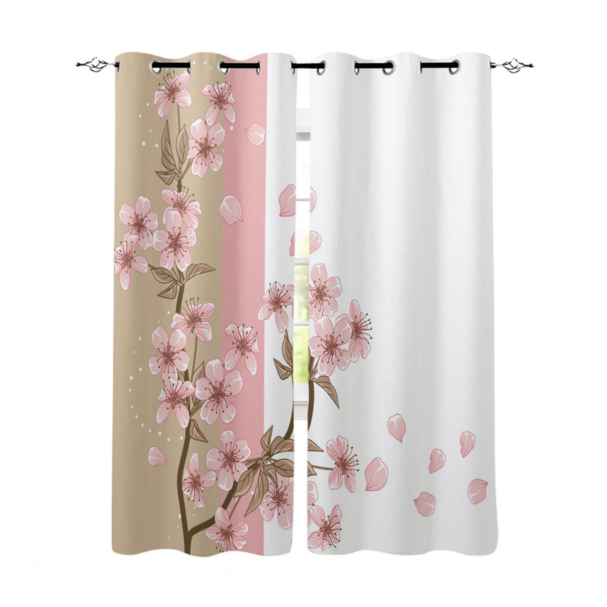 Super Six Fenstervorhänge mit Pfirsichblüten-Design, halbtransparent, mehrfarbig/rosa, B: 135 cm, H: 60 cm - Bild 2