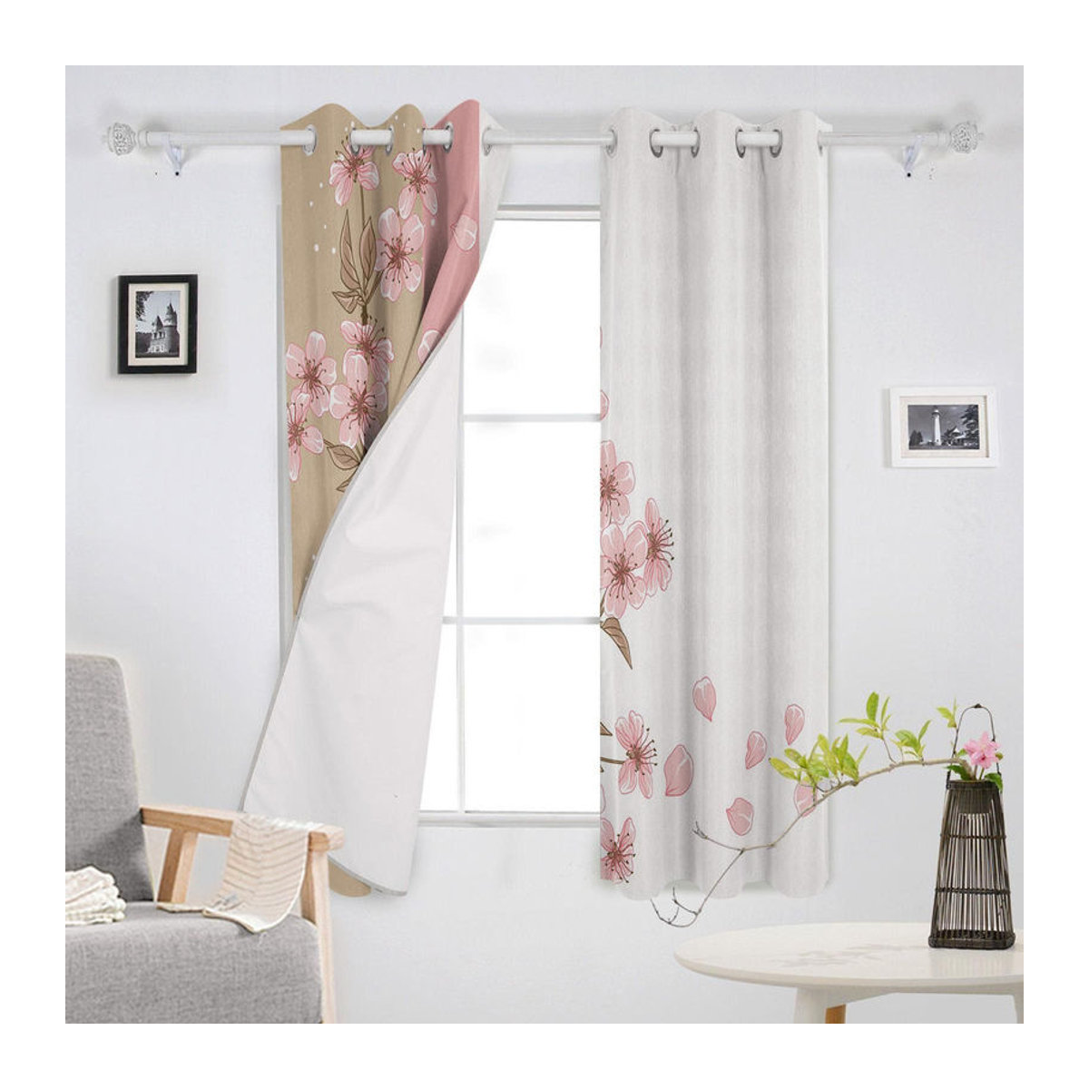 Super Six Fenstervorhänge mit Pfirsichblüten-Design, halbtransparent, mehrfarbig/rosa, B: 135 cm, H: 60 cm - Bild 4
