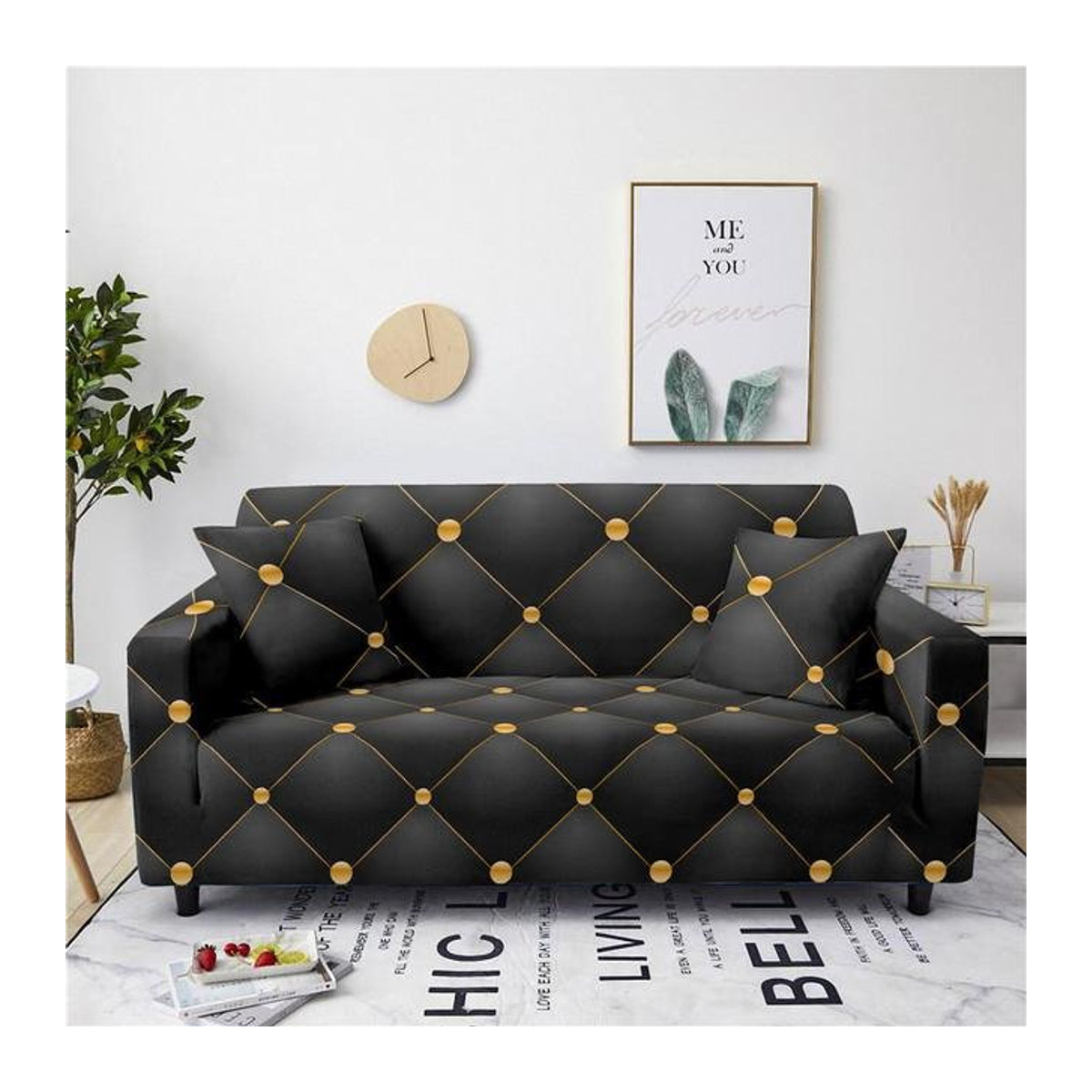 Super Six Geometrischer elastischer Sofabezug in Schwarz für 1-Sitzer, Breite: 90-140 cm - Bild 1