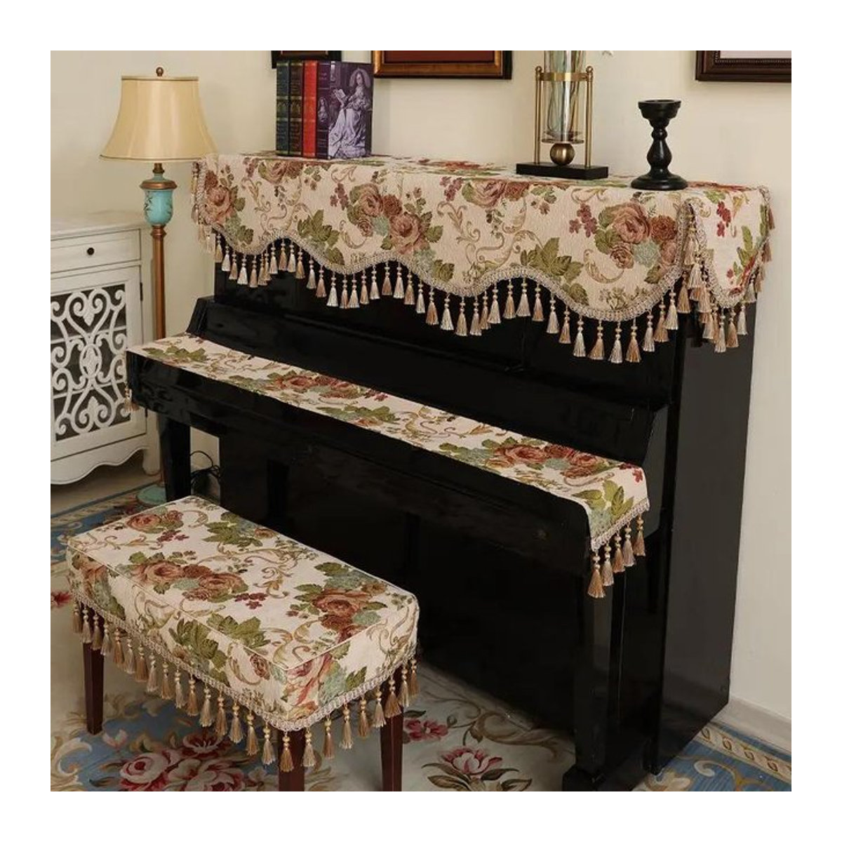 Super Six Klavierbezug aus europäischem Jacquard-Chenille mit Vintage-Blumenmuster und Perlenquaste in Beige, B/T: 56 x 36 cm - Bild 1