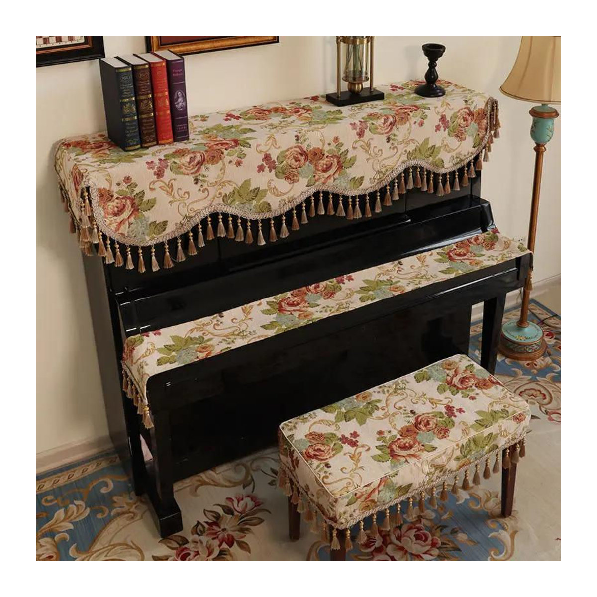 Super Six Klavierbezug aus europäischem Jacquard-Chenille mit Vintage-Blumenmuster und Perlenquaste in Beige, B/T: 56 x 36 cm - Bild 2