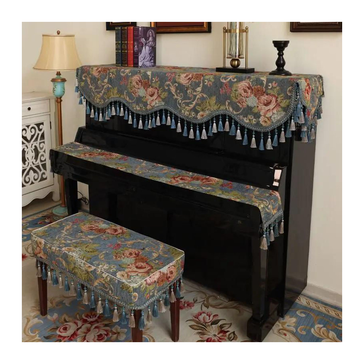 Super Six Klavierbezug aus europäischem Jacquard-Chenille mit Vintage-Blumenmuster und Perlenquaste in Beige, B/T: 56 x 36 cm - Bild 3