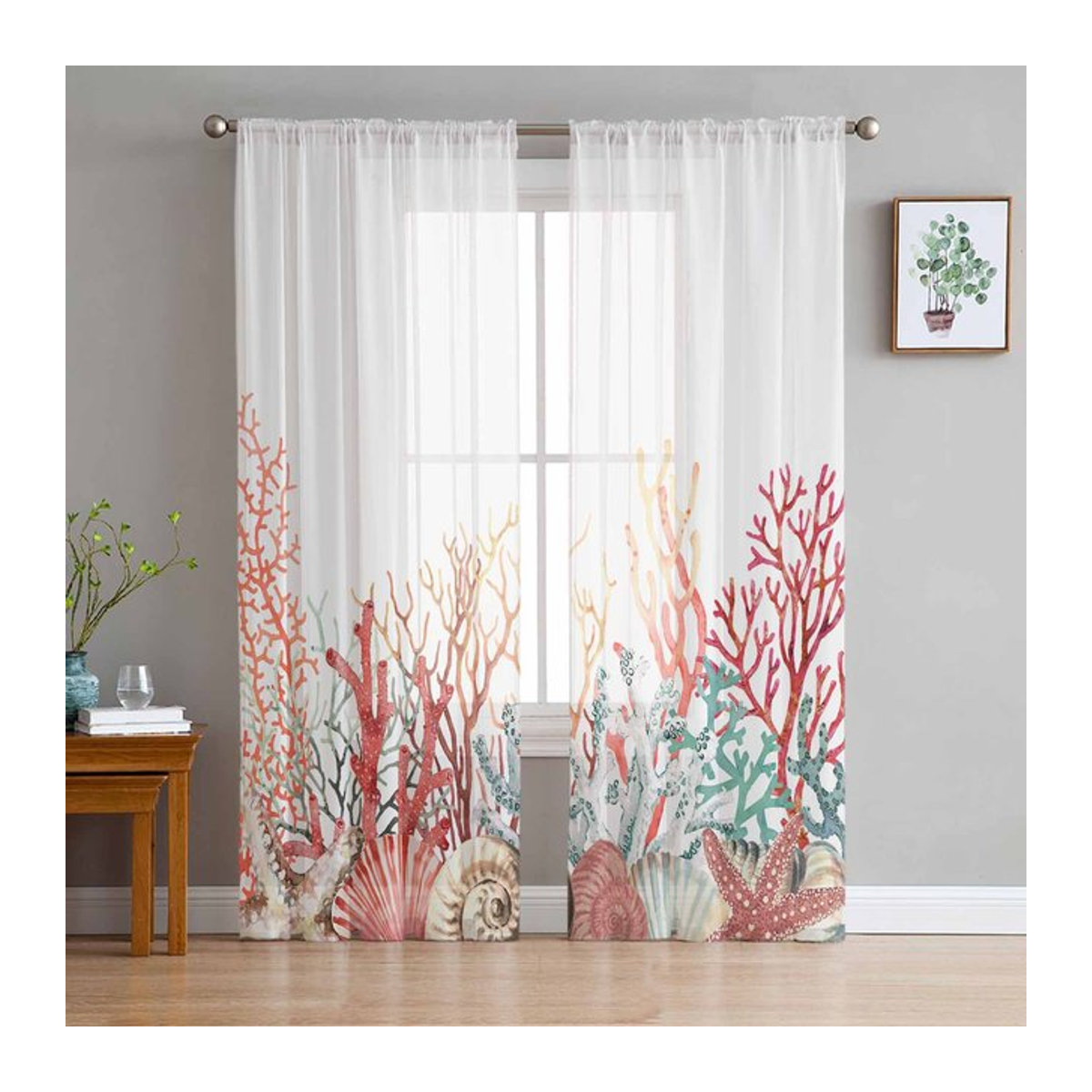 Super Six Luxus Chiffon Vorhang mit Sommer Ozean Korallen und Seegras Design, mehrfarbig, B: 135 cm, H: 114 cm - Bild 1