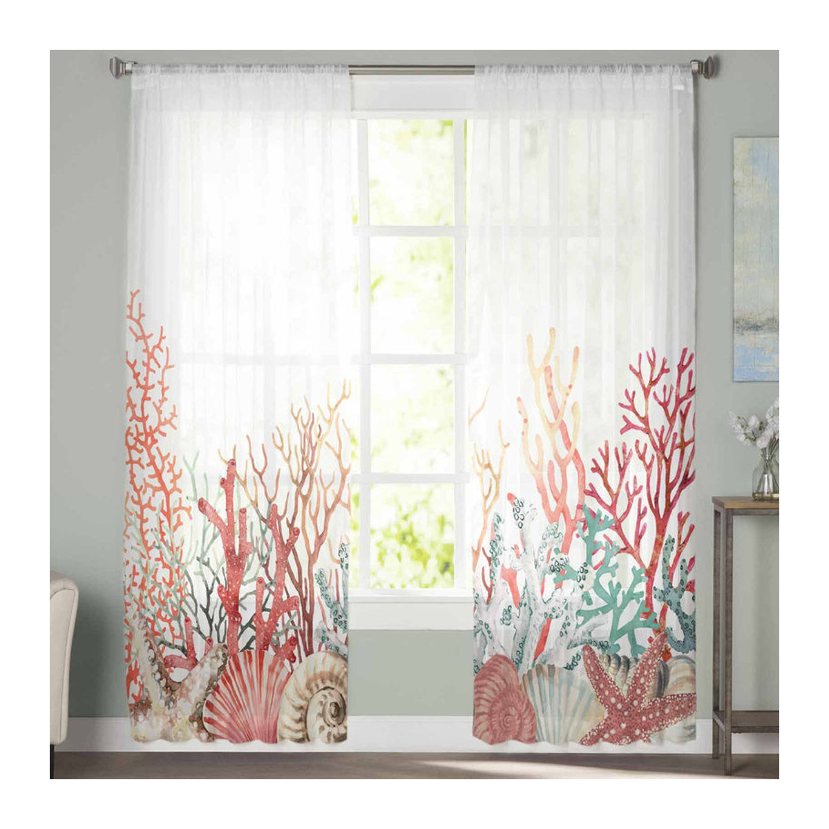 Super Six Luxus Chiffon Vorhang mit Sommer Ozean Korallen und Seegras Design, mehrfarbig, B: 135 cm, H: 114 cm - Bild 4