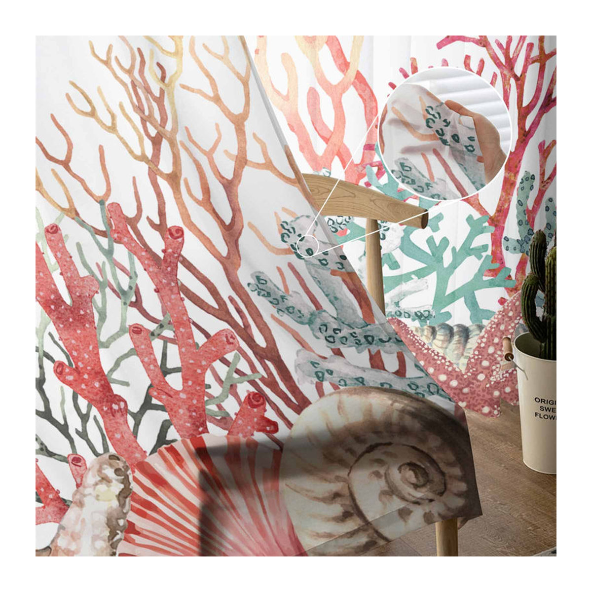 Super Six Luxus Chiffon Vorhang mit Sommer Ozean Korallen und Seegras Design, mehrfarbig, B: 135 cm, H: 114 cm - Bild 5