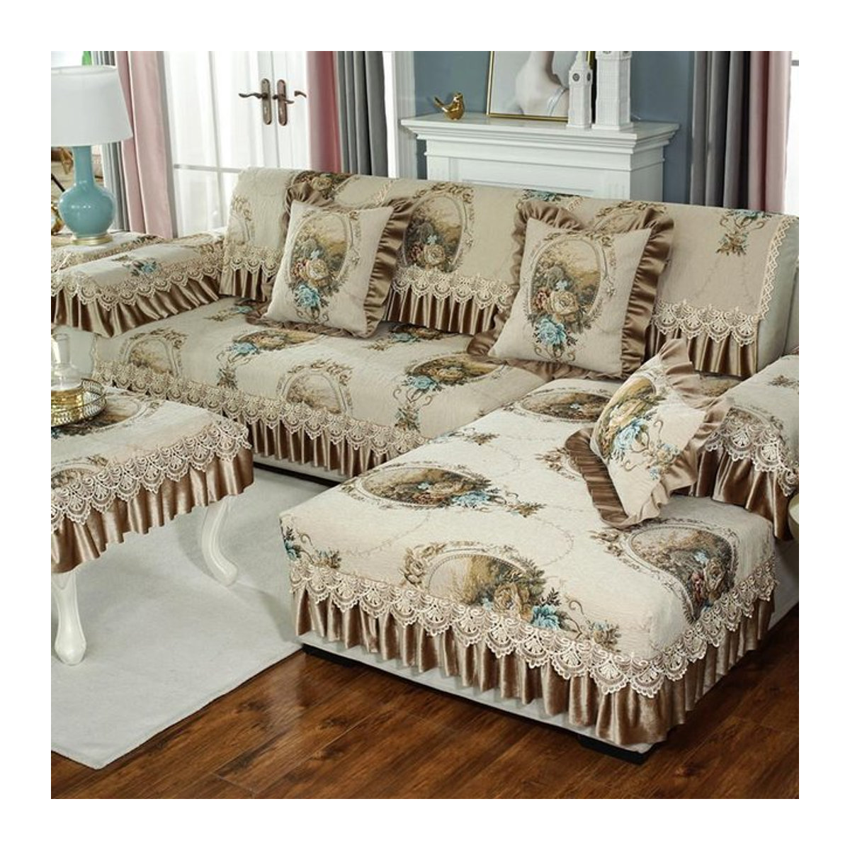 Super Six Sofa Kissenbezug aus Chenille mit europäischer Stickerei und Spitze in Beige, B/B: 90 x 90 cm - Bild 1