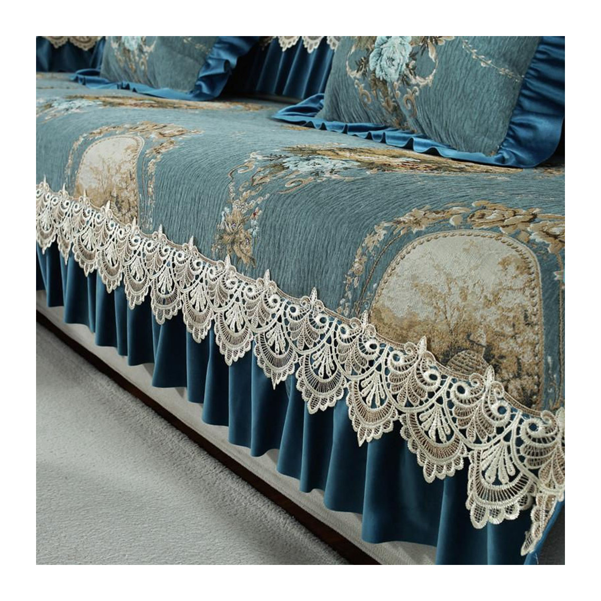 Super Six Sofa Kissenbezug aus Chenille mit europäischer Stickerei und Spitze in Beige, B/B: 90 x 90 cm - Bild 2