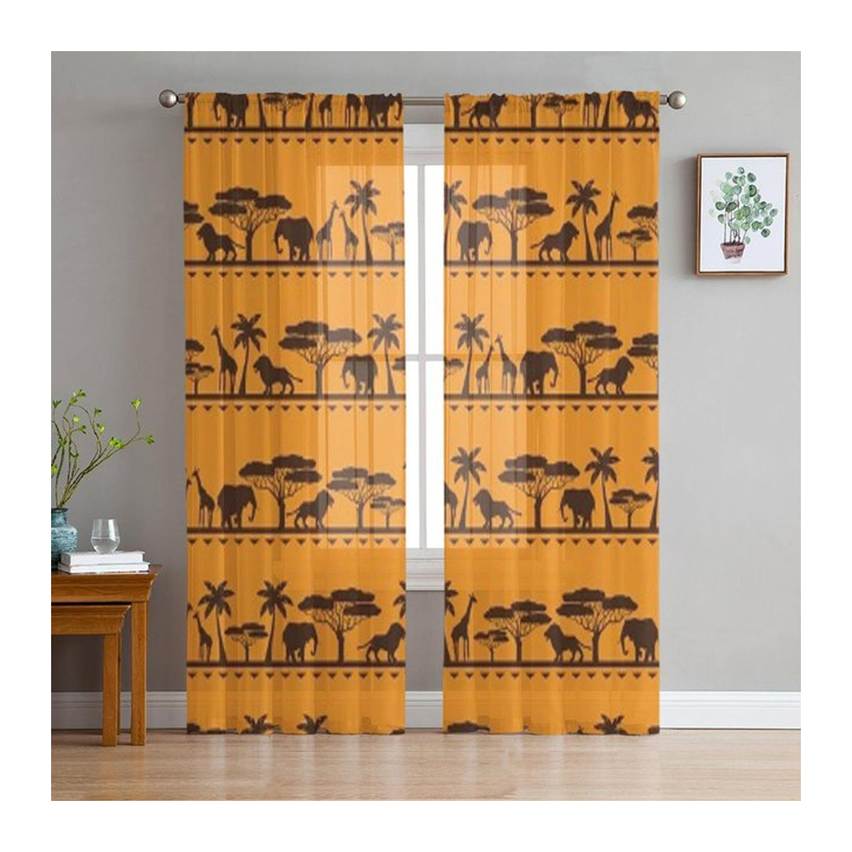 Super Six Transparente Voile Organza Vorhänge mit afrikanischem Tier-Motiv in Gelb, B: 135 cm, H: 114 cm - Bild 1
