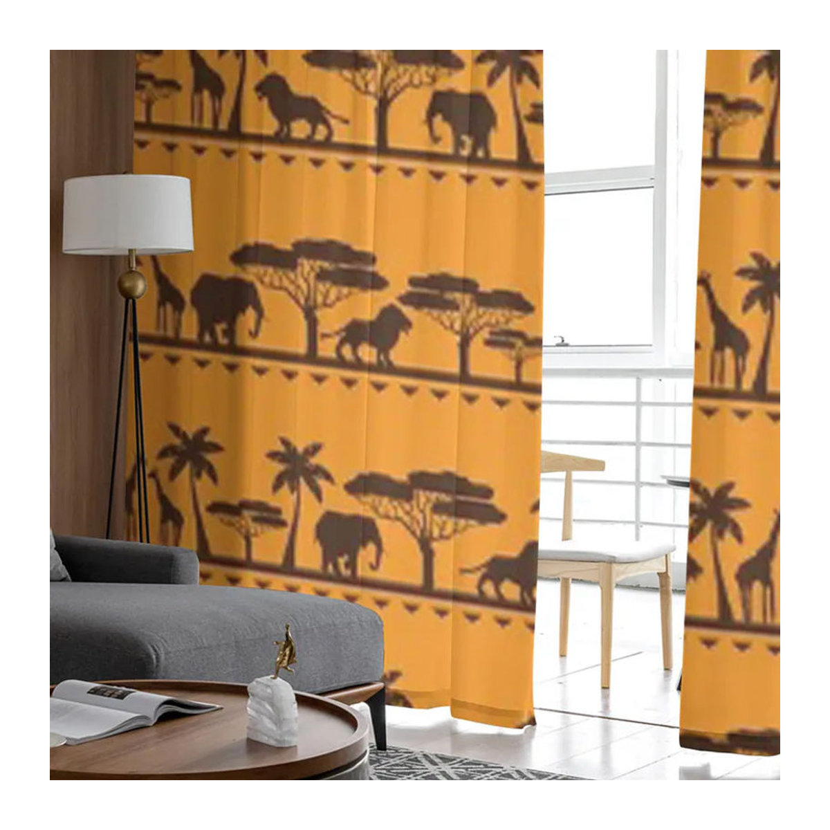 Super Six Transparente Voile Organza Vorhänge mit afrikanischem Tier-Motiv in Gelb, B: 135 cm, H: 114 cm - Bild 2