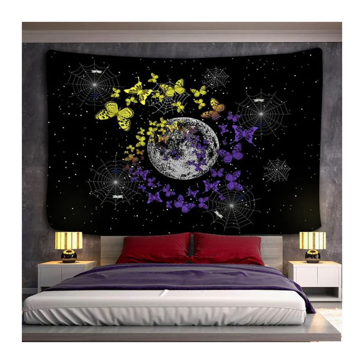 Super Six Wandbehang im Bohemian Stil mit Mond, Sternen und Schmetterlingen, Schwarz, B: 95 cm, H: 70 cm - Bild 1