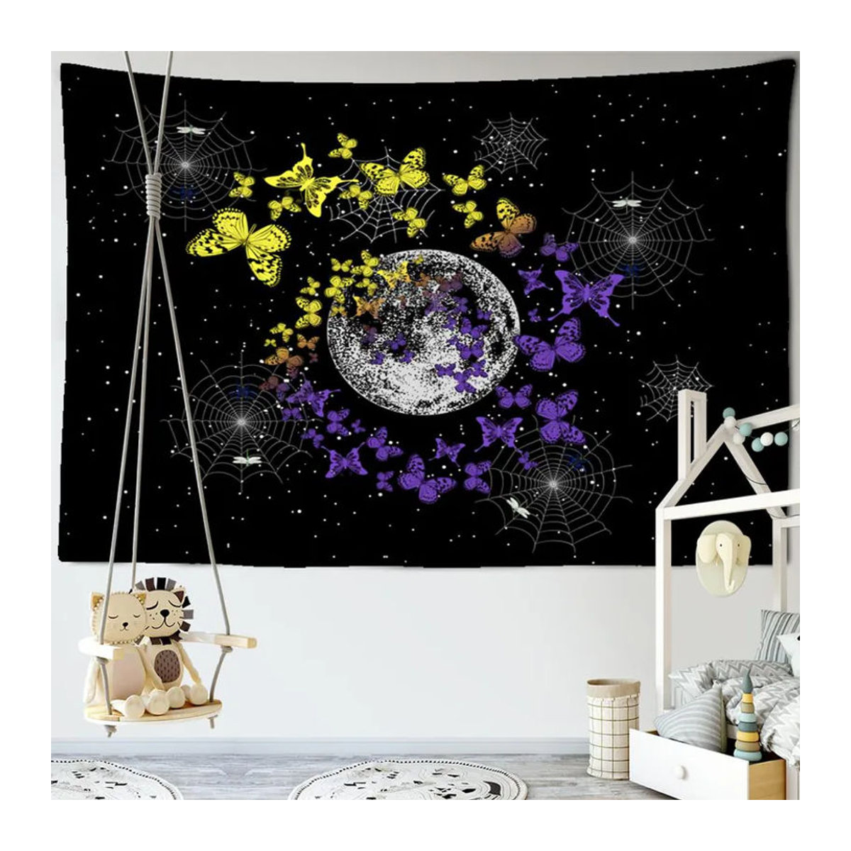 Super Six Wandbehang im Bohemian Stil mit Mond, Sternen und Schmetterlingen, Schwarz, B: 95 cm, H: 70 cm - Bild 2