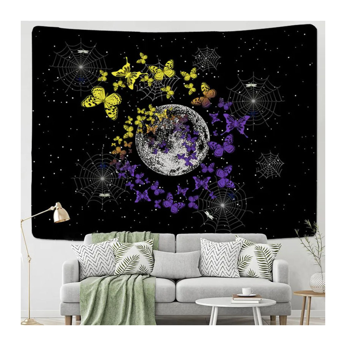 Super Six Wandbehang im Bohemian Stil mit Mond, Sternen und Schmetterlingen, Schwarz, B: 95 cm, H: 70 cm - Bild 3