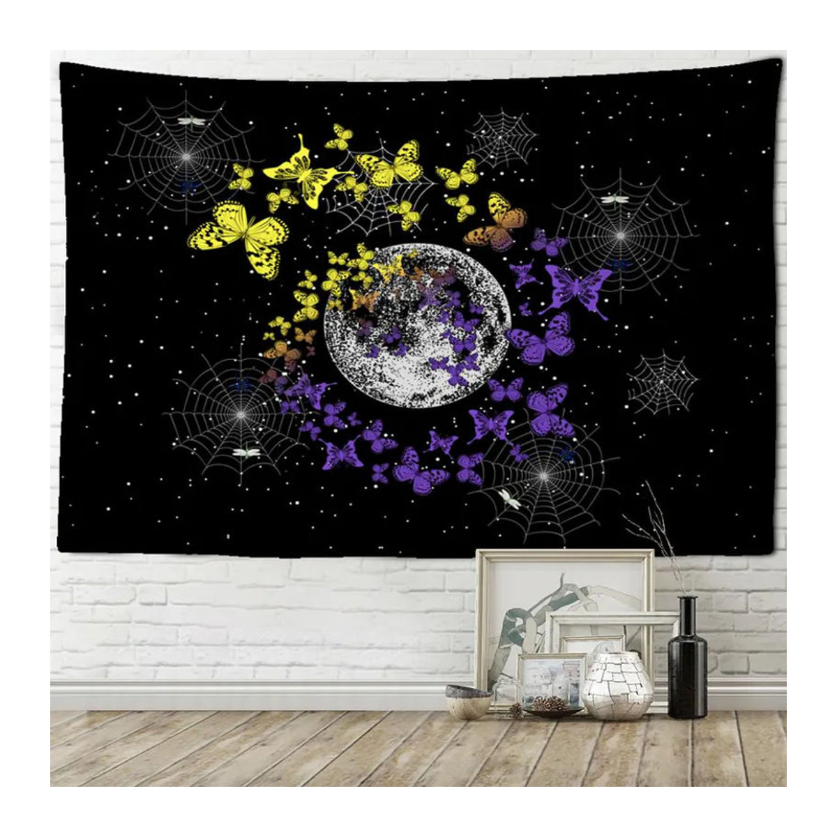 Super Six Wandbehang im Bohemian Stil mit Mond, Sternen und Schmetterlingen, Schwarz, B: 95 cm, H: 70 cm - Bild 4