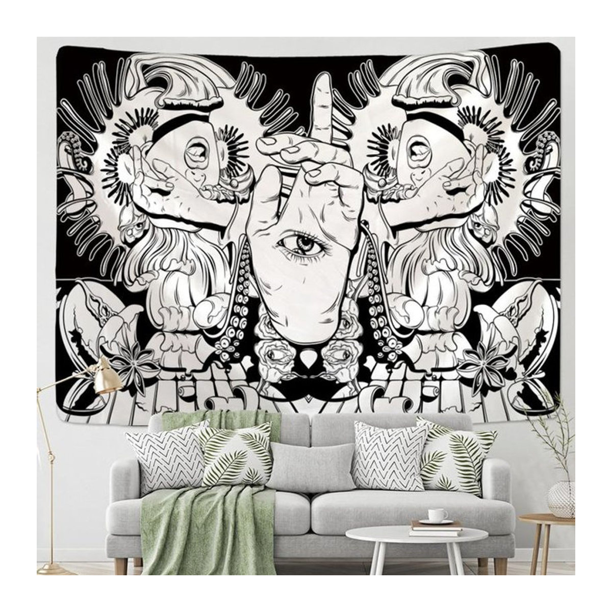 Super Six Wandbehang Psychodelische Tapisserie mit schwarzer Katze, Totenkopf und Mond im Bohemian Stil, mehrfarbig, B/H: 95 x 70 cm - Bild 1