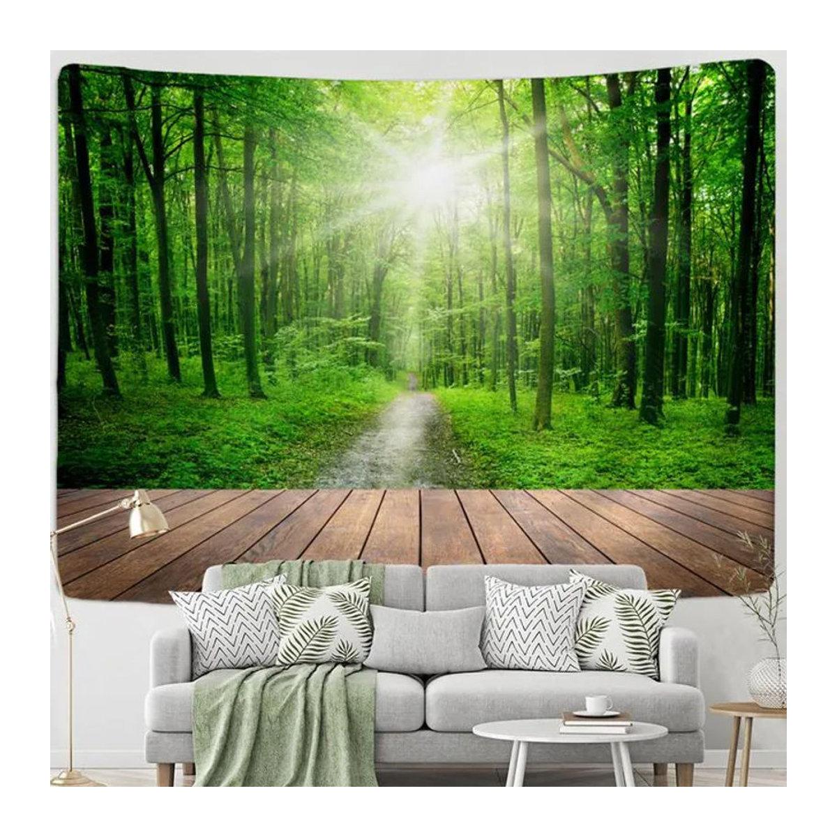 Super Six Wandteppich Fenster-Waldblick in Grün, Boho-Stil Wandbehang aus Textil mit Landschaftsmotiv, B x H: 95 x 70 cm - Bild 1