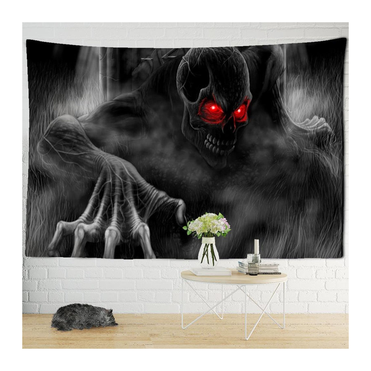 Super Six Wandteppich Totenkopf mit roten Augen in Schwarz-Rot, abstrakter Wandbehang im Bohemian-Stil, B/B: 150 x 150 cm - Bild 2