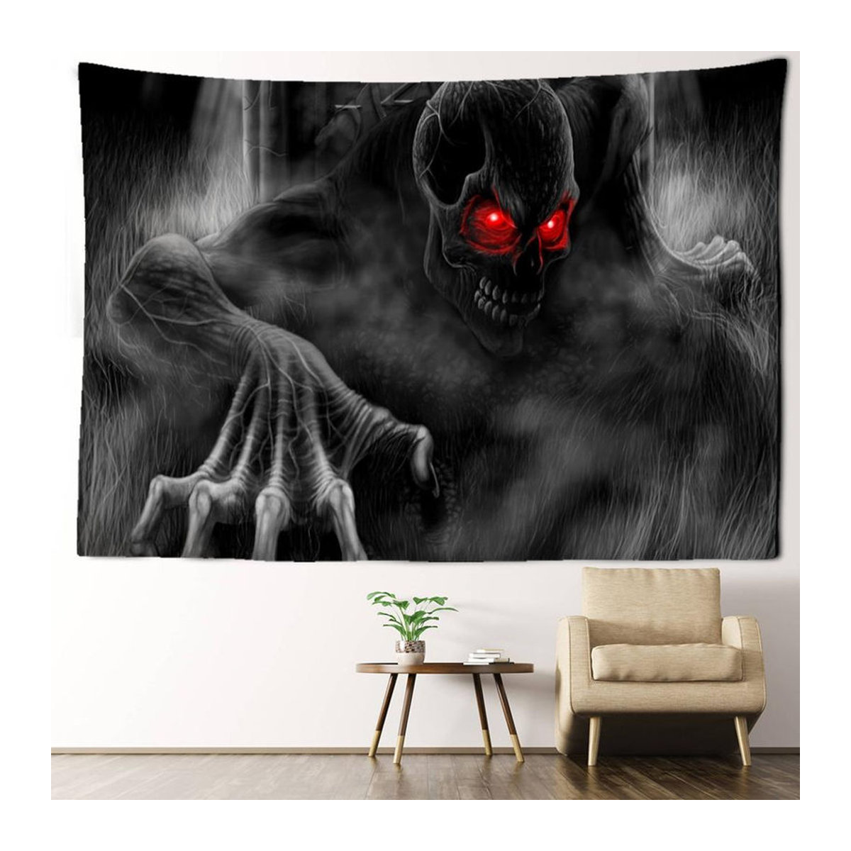 Super Six Wandteppich Totenkopf mit roten Augen in Schwarz-Rot, abstrakter Wandbehang im Bohemian-Stil, B/B: 150 x 150 cm - Bild 3