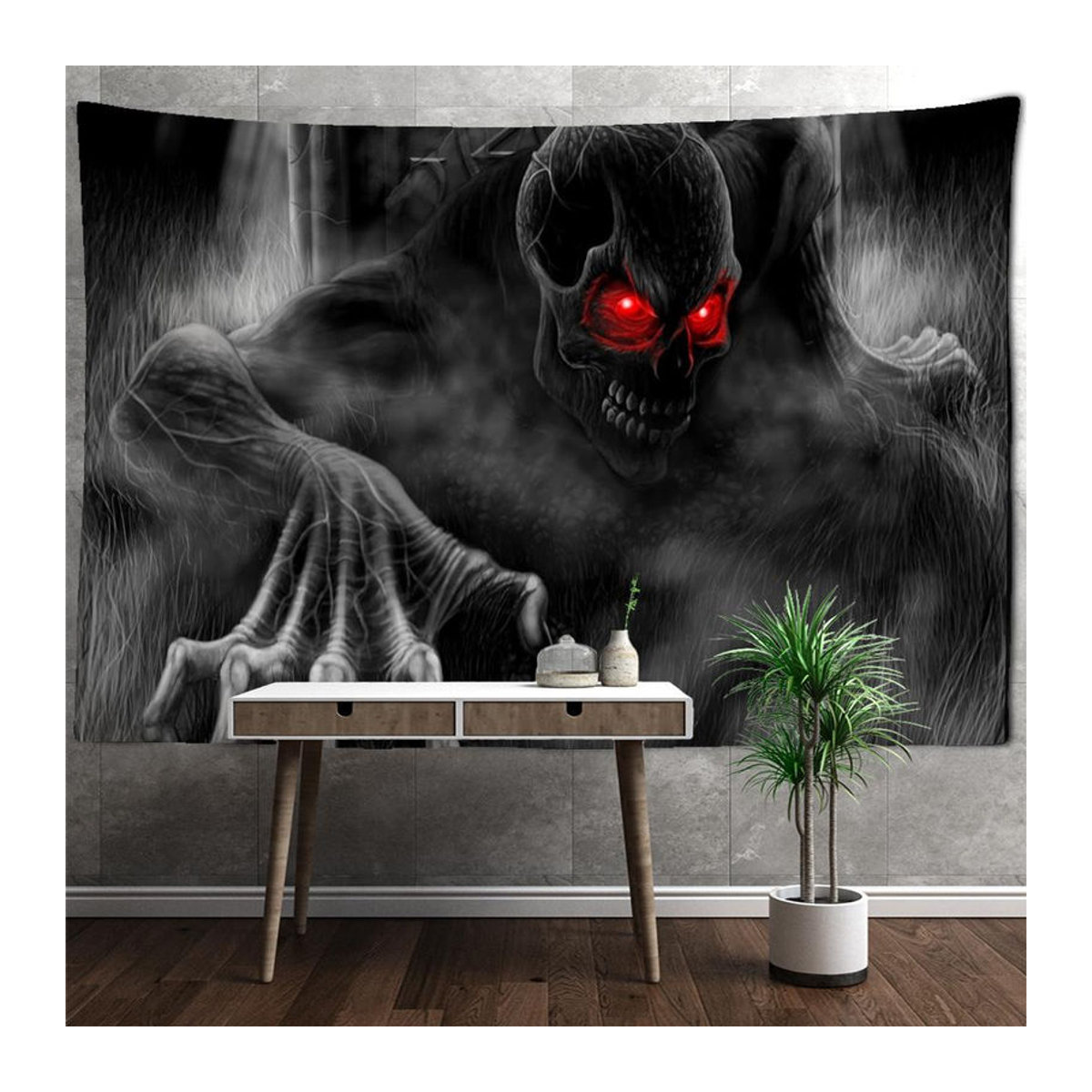 Super Six Wandteppich Totenkopf mit roten Augen in Schwarz-Rot, abstrakter Wandbehang im Bohemian-Stil, B/B: 150 x 150 cm - Bild 4