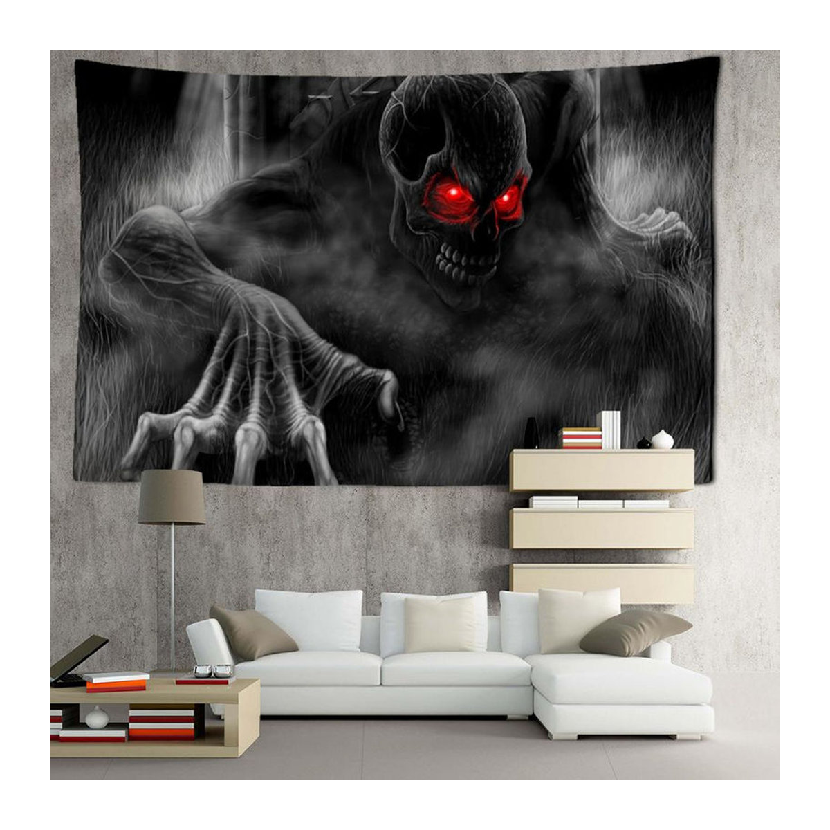 Super Six Wandteppich Totenkopf mit roten Augen in Schwarz-Rot, abstrakter Wandbehang im Bohemian-Stil, B/B: 150 x 150 cm - Bild 5