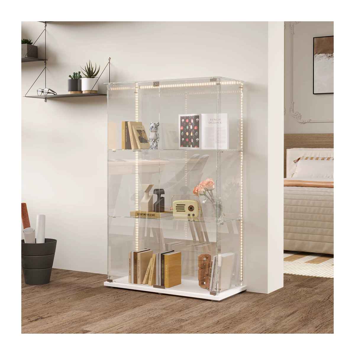 Superaly Glasvitrine in Schwarz mit 2 Türen, Schloss und LED-Beleuchtung, B/H/T: 123,3 x 78,5 x 35 cm - Bild 2