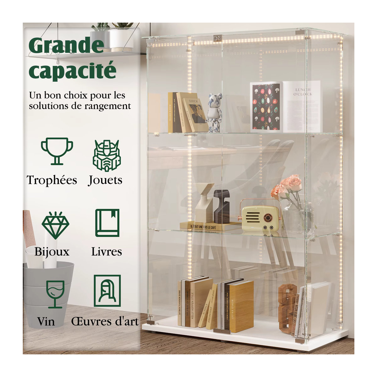 Superaly Glasvitrine in Schwarz mit 2 Türen, Schloss und LED-Beleuchtung, B/H/T: 123,3 x 78,5 x 35 cm - Bild 3