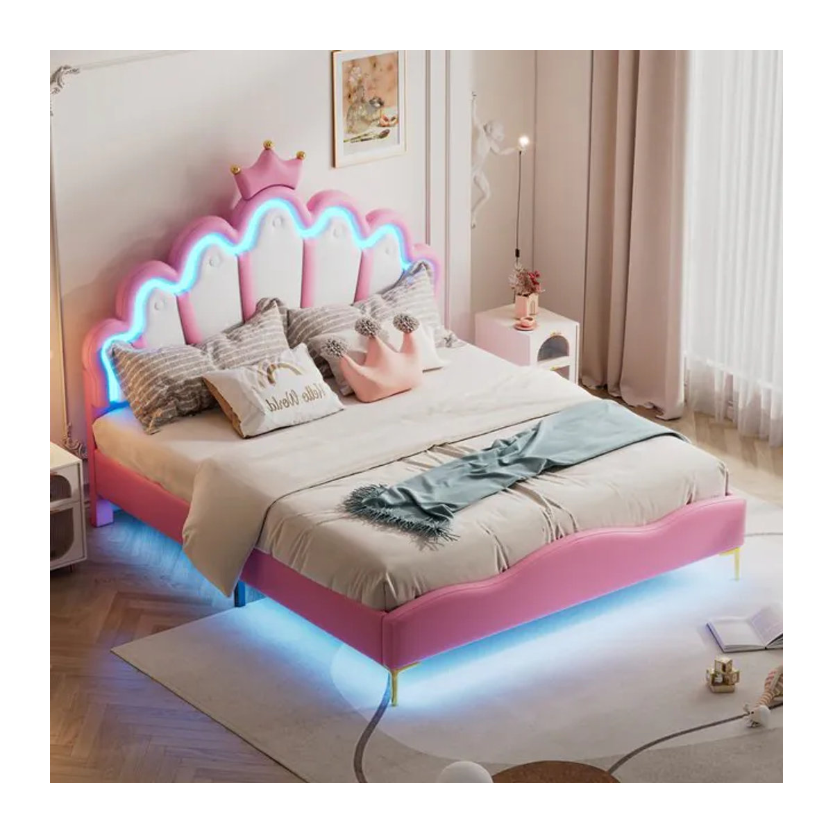 Superaly Kinderbett Prinzessinnenbett aus Kunstleder in Rosa mit LED-Streifen, Polsterbett für Einzel- oder Doppelbett, B/T/H: 90 x 140 x 200 cm oder 140 x 200 cm - Bild 1