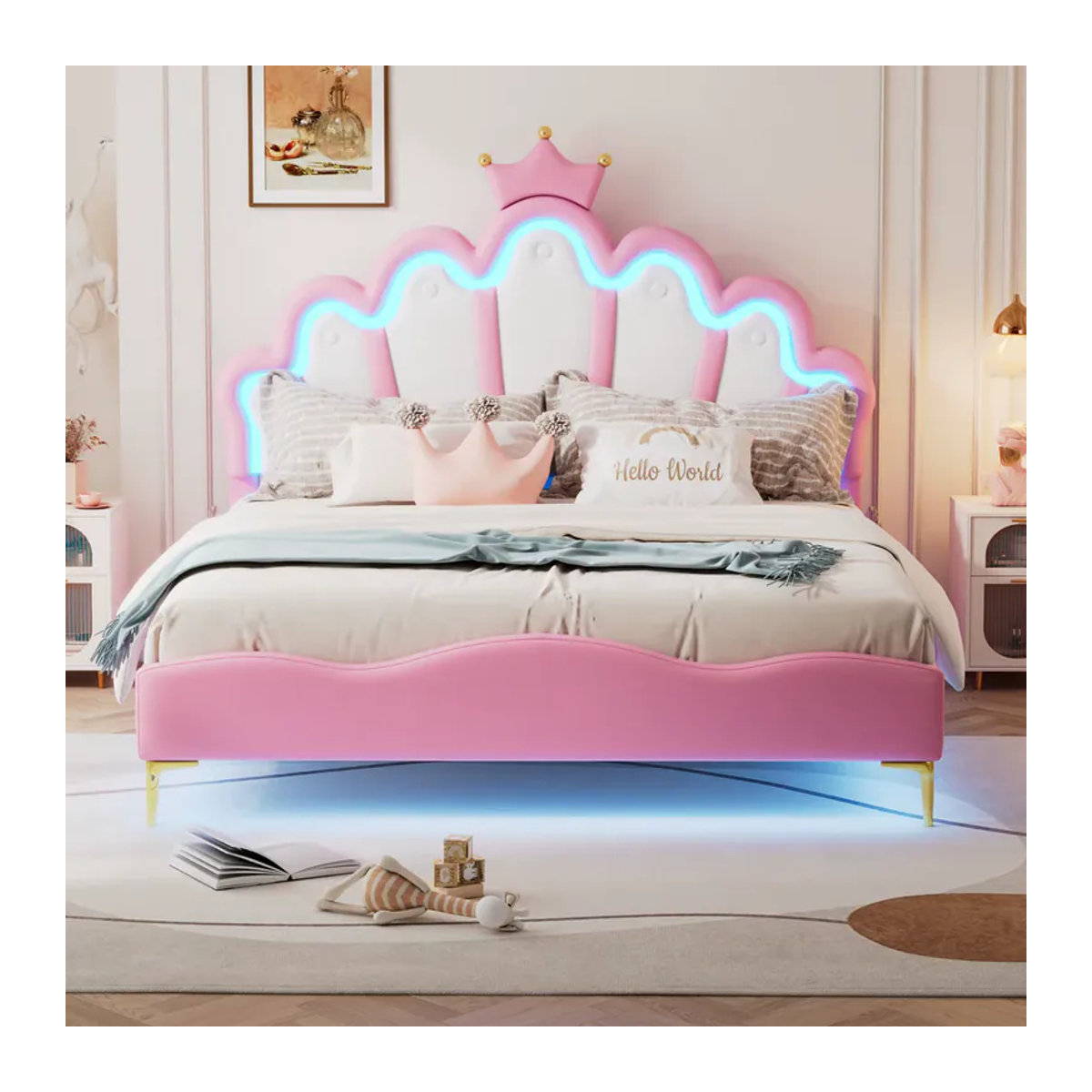 Superaly Kinderbett Prinzessinnenbett aus Kunstleder in Rosa mit LED-Streifen, Polsterbett für Einzel- oder Doppelbett, B/T/H: 90 x 140 x 200 cm oder 140 x 200 cm - Bild 2