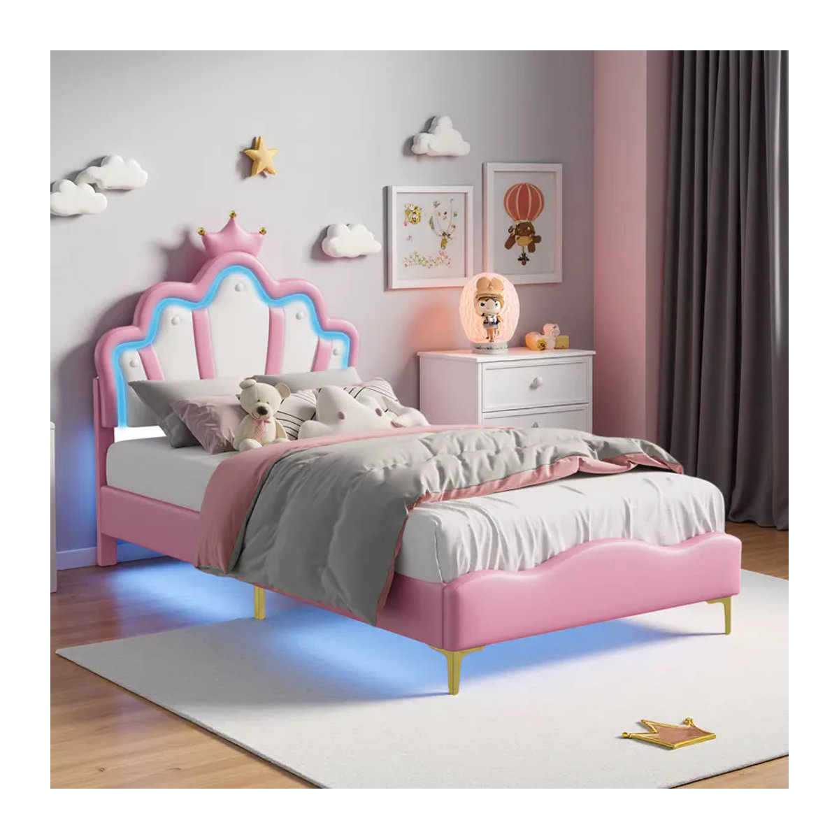 Superaly Kinderbett Prinzessinnenbett aus Kunstleder in Rosa mit LED-Streifen, Polsterbett für Einzel- oder Doppelbett, B/T/H: 90 x 140 x 200 cm oder 140 x 200 cm - Bild 3